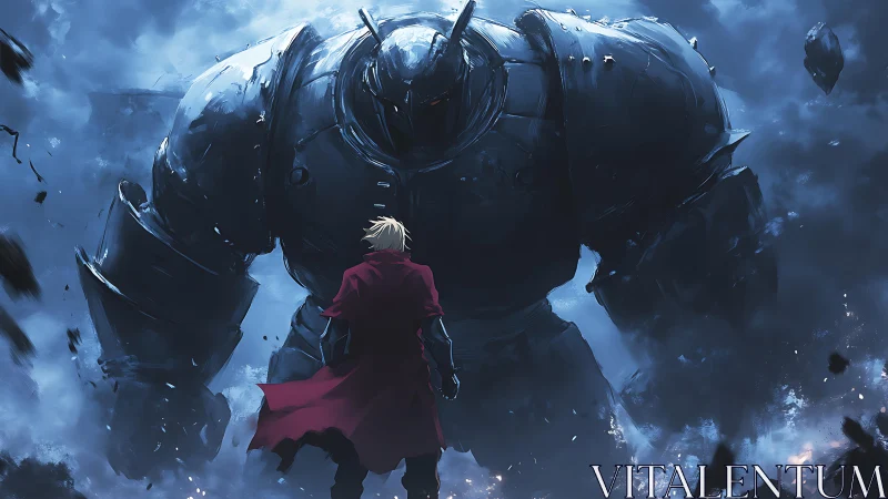 Red-coated swordsman confronts massive armored giant