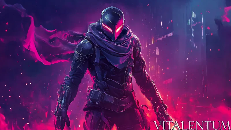 Armored cybernetic rogue strides through neon plasma haze at night
