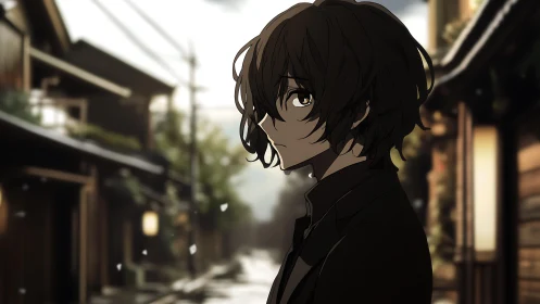 Melancholic anime boy walks through a quiet winter street