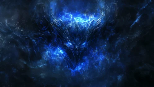 Blue nebulous skull form within turbulent cosmic field.