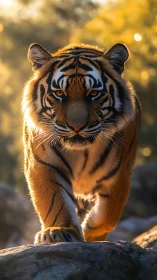 Sunlit tiger steps forward, stitching firelight into stripes