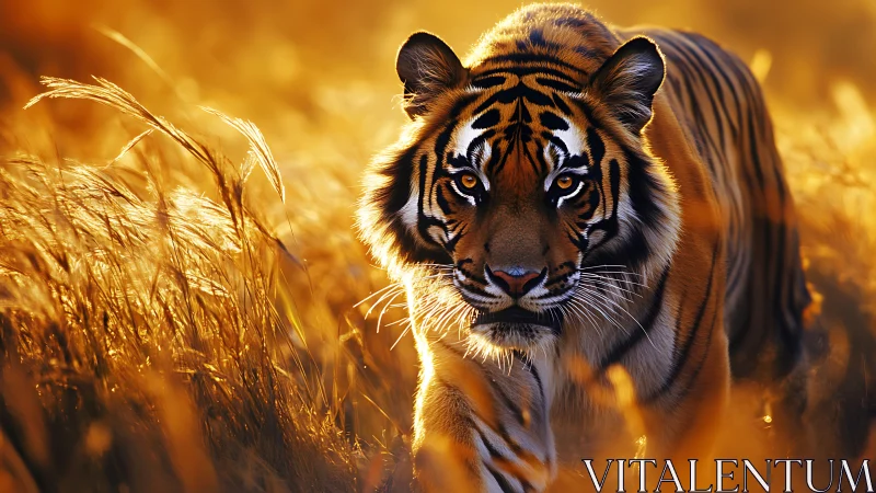 Tiger stalking through molten-gold grass at sunset light.