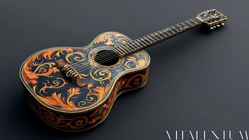 Ornate floral guitar glows with swirling golden artwork