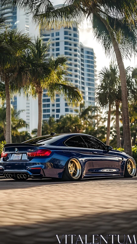 Lowered BMW coupe under palm trees in coastal cityscape.