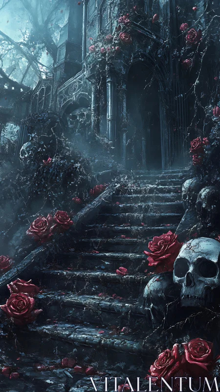 Gothic stone staircase with skulls and red roses at night.