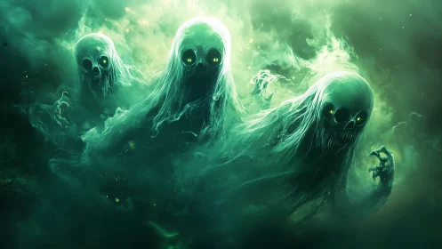 Triptych of ectoplasmic wraith entities in teal vapor fields.