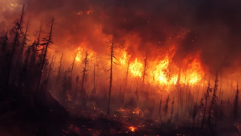 Intense forest fire with skeletal trees and massive flames.