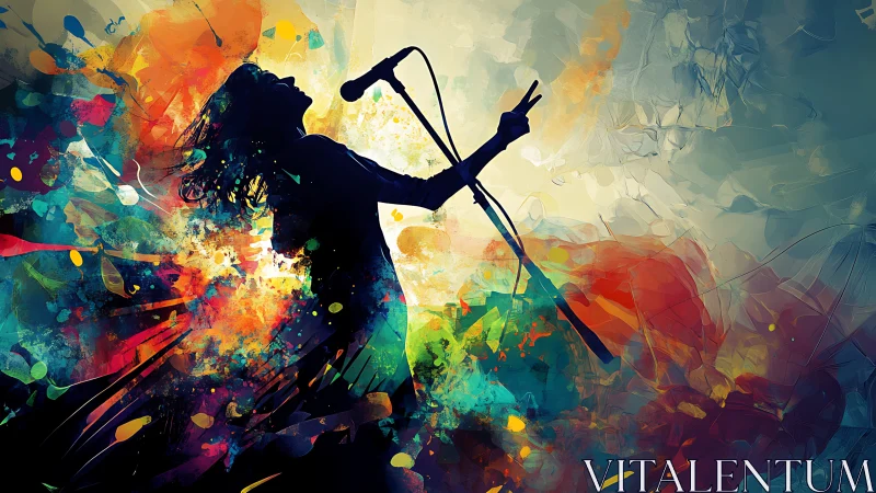 Chromatic vocalist silhouette amid kinetic pigment vectors.