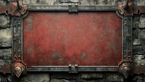Rusty metal plaque with industrial frame on stone wall.