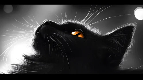 Black Cat with Glowing Amber Eyes in Moonlit Shadow