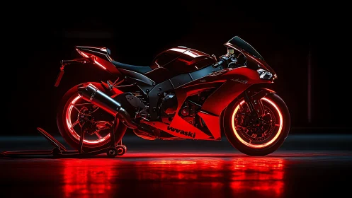 Red sport motorcycle on stand with neon rim lighting.