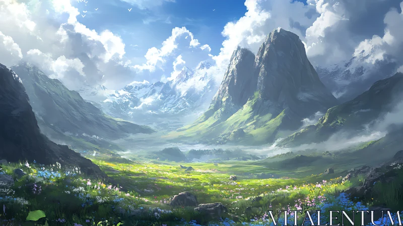 Atmospheric mountain valley panorama with luminous alpine meadow.