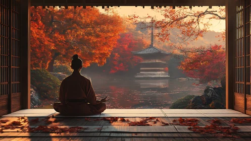 Meditating figure observes autumnal lakeside pagoda in diffuse light