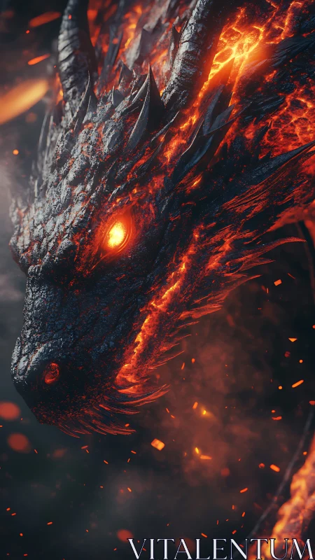 Volcanic dragon head rendered with emissive lava fissures and ember particles