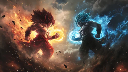 Dual elemental warriors collide with opposing energy auras in combat