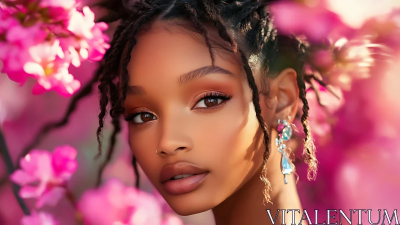 Blossom-kissed portrait of radiant beauty in pink spring haze.