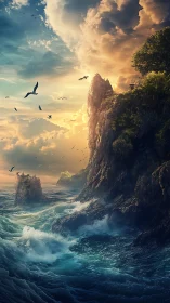 Majestic Cliffs Meet Golden Sunset Over Turbulent Seas.