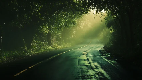 Sunlit forest road curving gently into quiet morning mist.