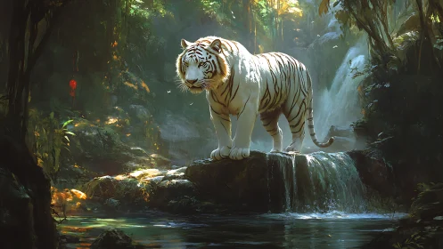 White tiger on rock ledge above shallow forest waterfall.