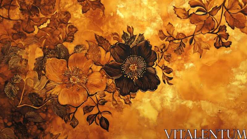 Floral illustration on rich golden textured background.