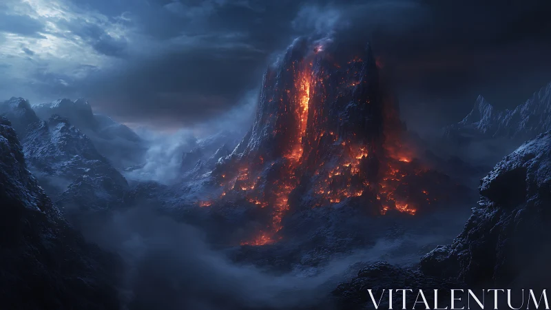 Volcanic fortress amid frozen mountains and storm clouds.