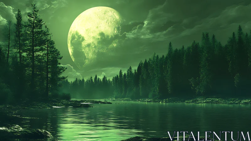 Emerald night river under oversized moonlit conifer forest