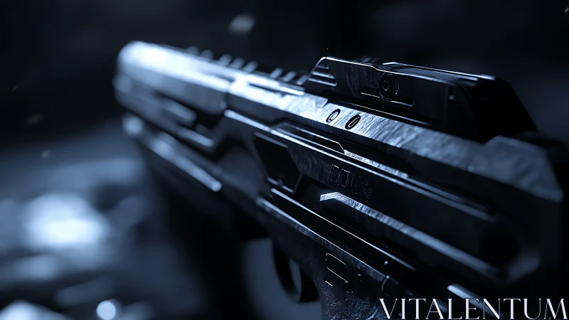 Futuristic handgun glows in cold cinematic blue lighting.
