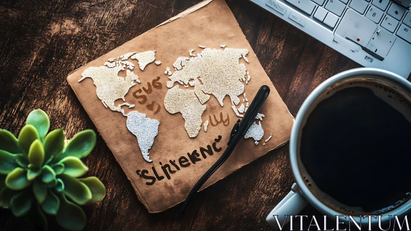 Desk layout with world map notebook, keyboard and coffee.