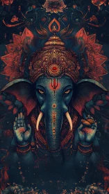 Symmetric blue elephant deity illustration with ornate red mandala detailing
