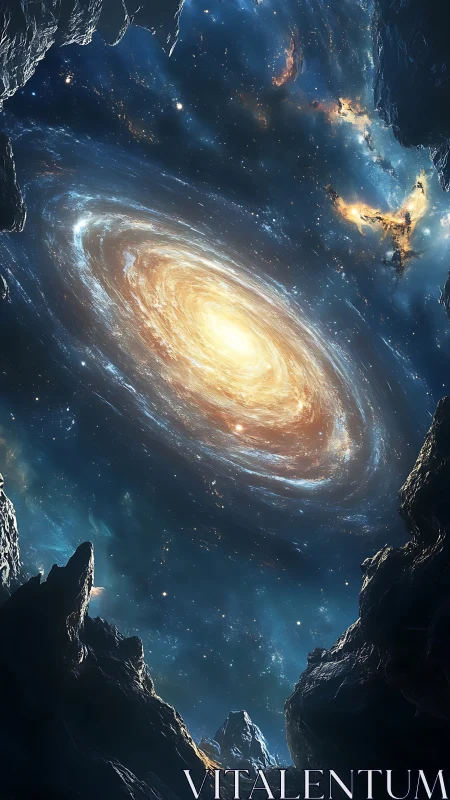 Spiral galaxy lantern whirls above jagged alien cliffs tonight