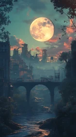 Full moon over post-apocalyptic river city skyline at dusk.