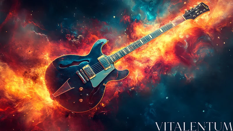 Electric guitar blazing through cosmic firestorm in space.