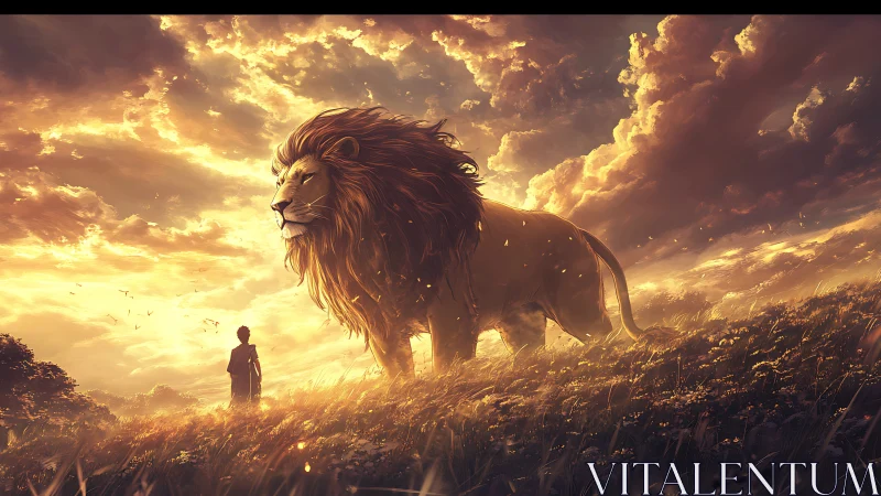 Golden sunset guardian lion walking beside a small child.