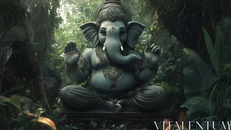 Ganesha statue seated in dense tropical forest setting.