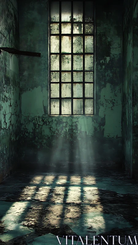 Sunlight passes through tall grimy window into decayed room