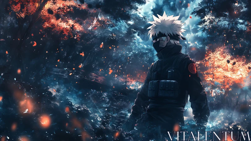 Calm masked warrior strolling through a glowing forest night.