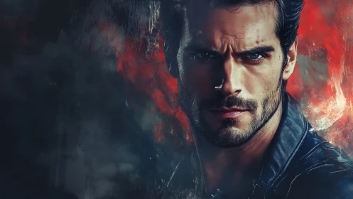 Smoldering portrait of a determined hero in fiery light