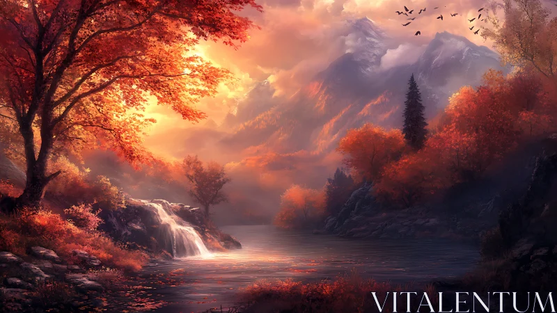 Glowing autumn valley cradles a tranquil waterfall and lake