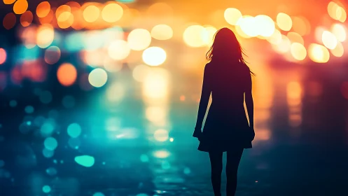 Silhouette of woman against colorful urban light bokeh.