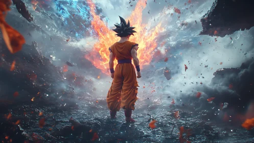 Character stands before explosive fiery and icy energy rift