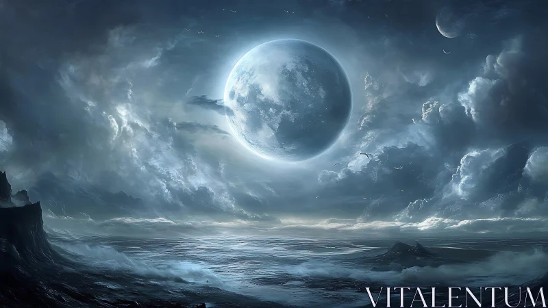 Moonrise above storm-tossed alien sea of silver echoes.