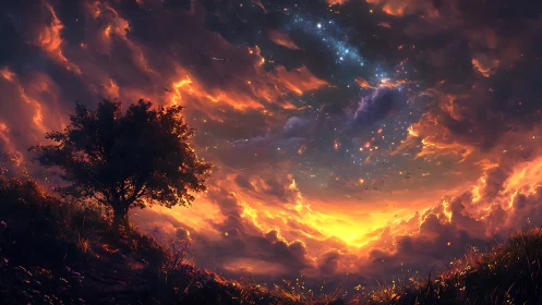 Fiery twilight sky embraces a quiet tree in gentle wonder
