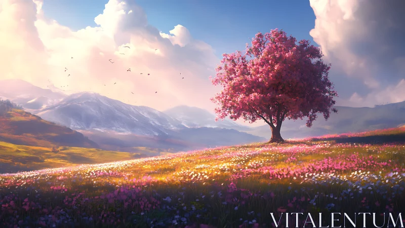 Pink blossom tree crowns wildflower meadow beneath clouds