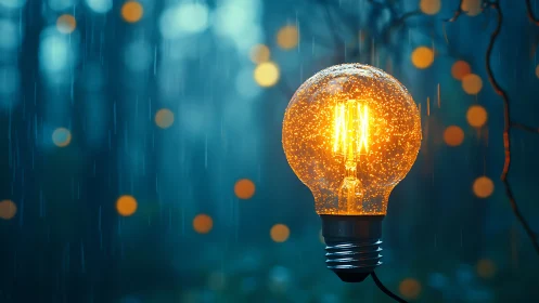 Glowing filament bulb shines warmly in a rainy forest night.