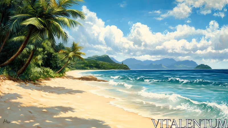 Tropical Beach with Palm Trees, Mountains, and Turquoise Waves
