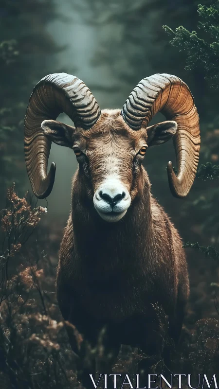 Majestic ram in misty forest with dramatic curled horns.