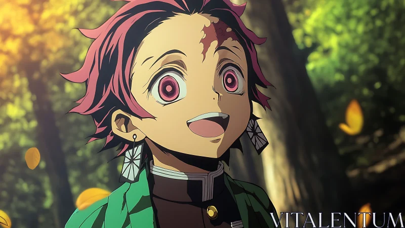 Anime character shown in forest setting with focused lighting