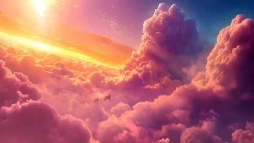 Dream-bright sky voyage through oceans of rose-gold clouds.