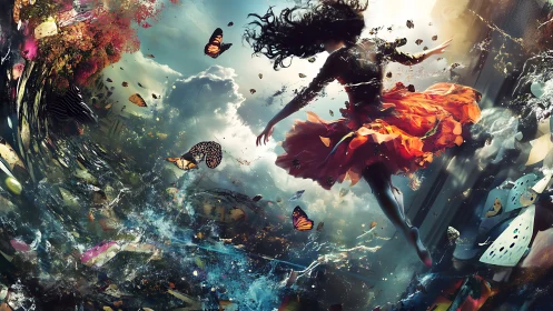 Female figure in red dress amid abstract butterfly surge.