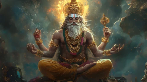 Seated four-armed deity in ornate golden attire, cloudy void.